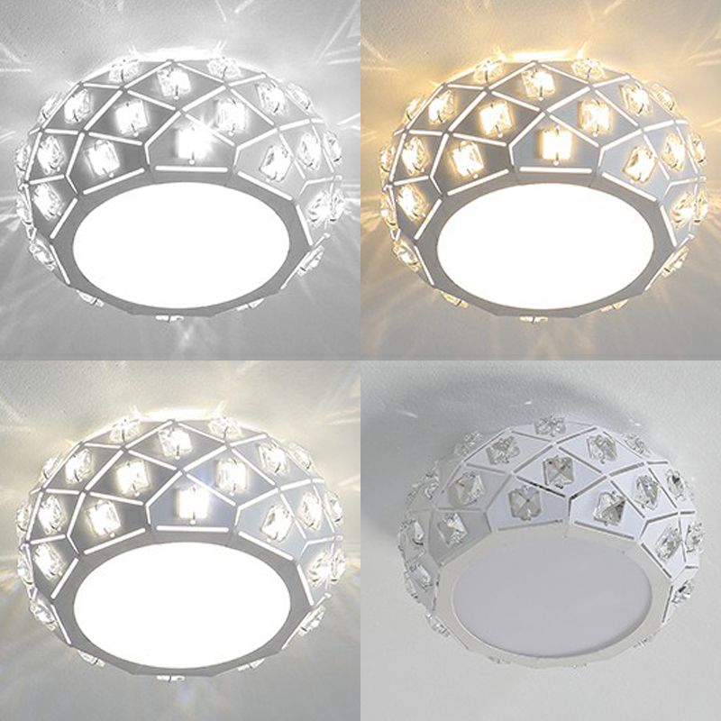 Artistic Drum Shaped Flush Light Crystal Corridor LED Flush Ceiling Light Fixture in White