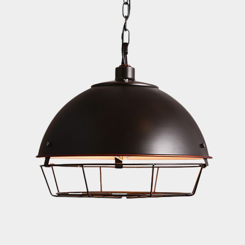 Iron Dome Hanging Lamp Farmhouse 1 Bulb Dining Room Pendant Lighting in Black/Rust/Silver with Cage