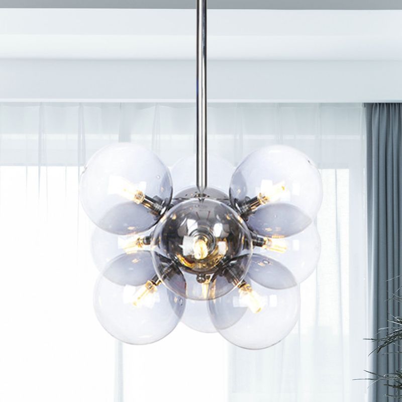 Chrome Sphere Ceiling Chandelier Modern 9 Bulbs Clear Glass Suspended Lighting Fixture