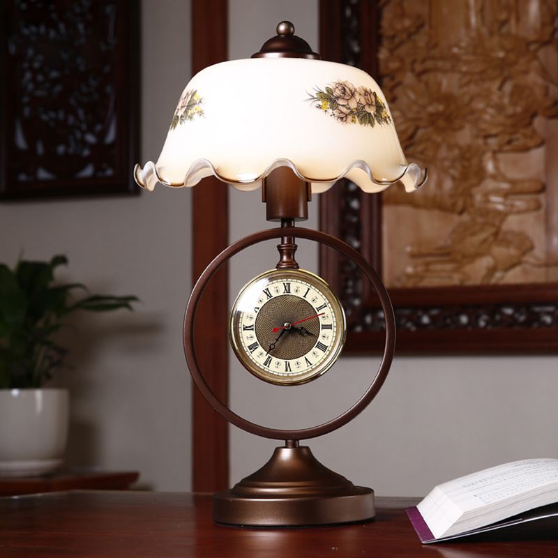 Rust 1 Head Pleated Table Light Vintage Opaline Glass Dome Reading Book Lamp with Ring and Clock