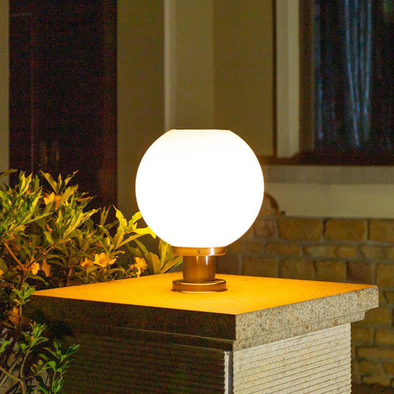 Industrial Sphere Shaped Solar Post Light Acrylic LED Landscape Lamp in Silver for Courtyard