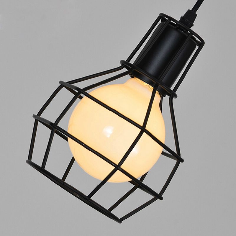 Multi-Light Pendant Industrial Cage Metal Ceiling Hang Light with Pulley in Black