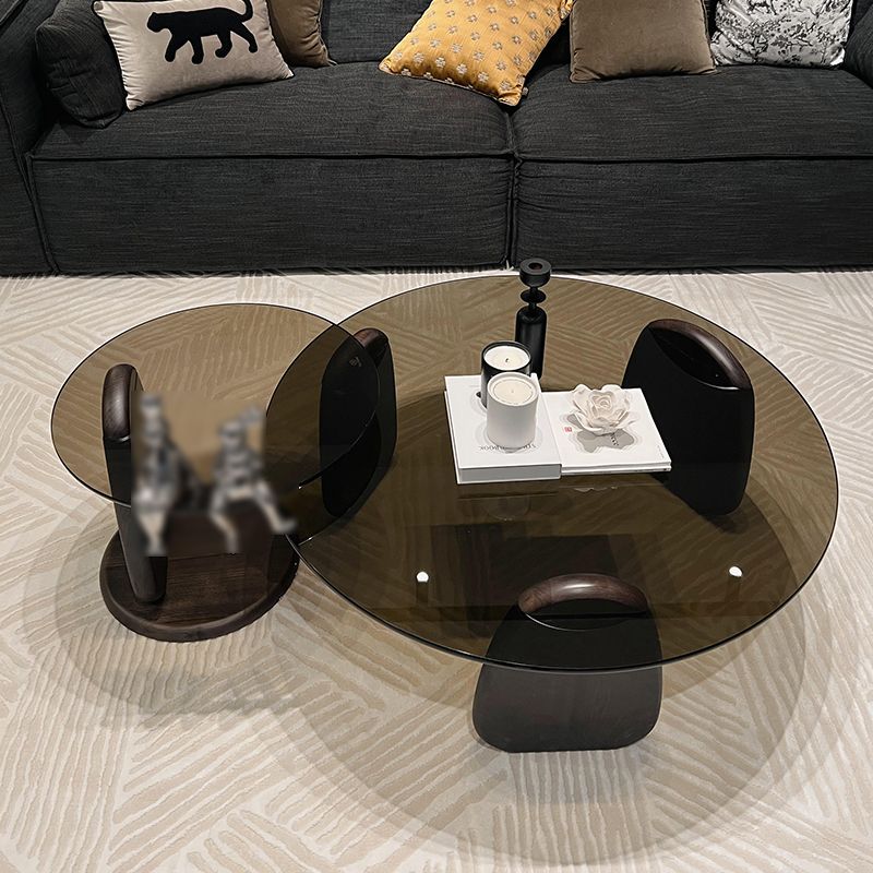 2-Piece Round Coffee Table Modern Glass Espresso Wood Nesting Coffee Table Set