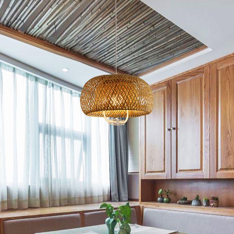 Rétractable Pendant Light Style Asian Bamboo 1 lampe à chute de tête pour salle à manger