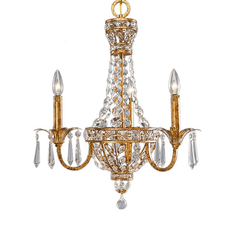 Retro Pyramid Hanging Chandelier Crystal 3 Heads Suspension Light in Gold for Living Room