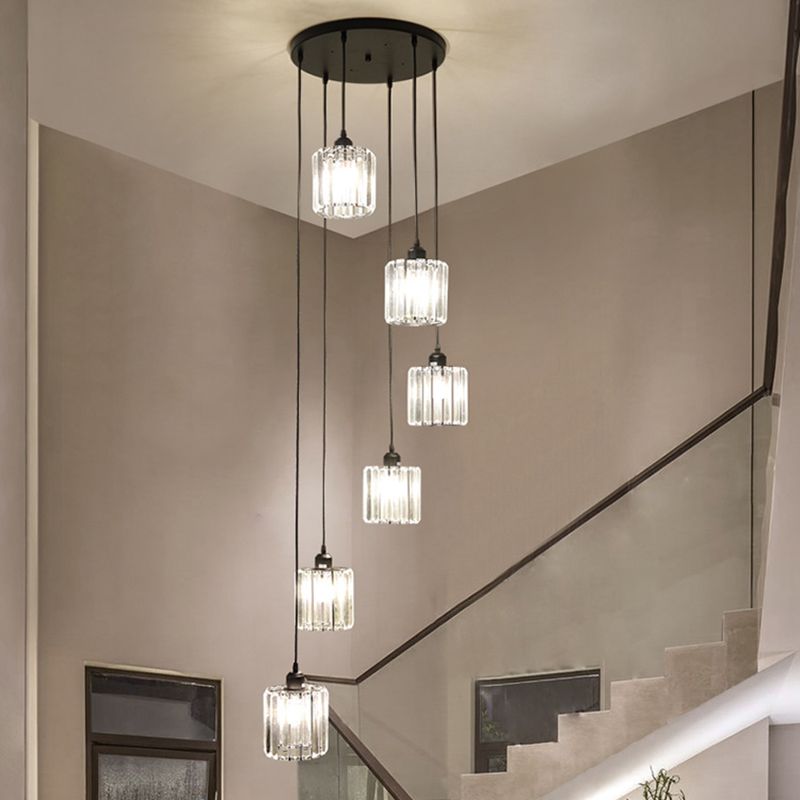 Prismatic Crystal Cylindrical Hanging Light Contemporary Cluster Pendant Light for Stairs