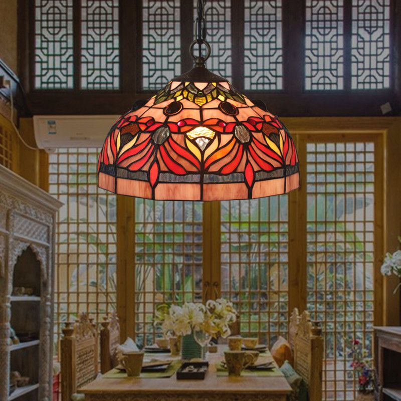 Bowl Shade Hanging Light Fixture Tiffany Stained Glass 1 Light Red Finish Drop Pendant for Dining Room