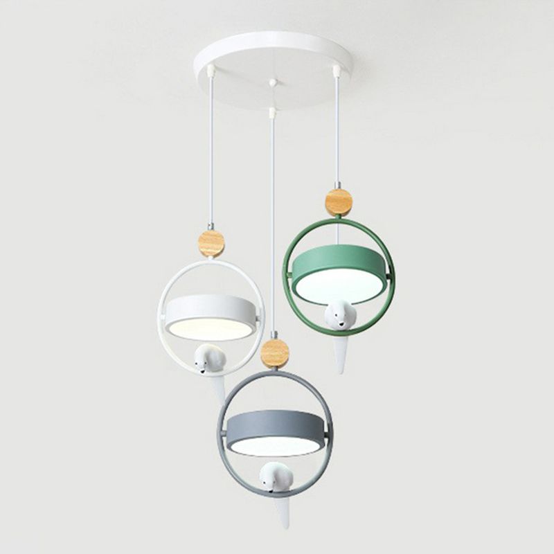 Ring Dining Room Multi Ceiling Lamp Metal 3 Bulbs Simplicity Suspension Light with Bird Decor in Gray-Green