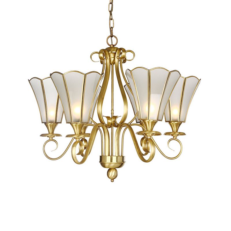 White Frosted Glass Floral Pendant Chandelier Colonialist 6 Lights Bedroom Suspended Lighting Fixture in Brass