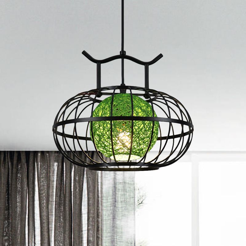 Metal Pumpkin Cage Hanging Pendant Light with Inner Rattan Ball Shade Asian Style 1 Light Suspension Lamp in Red/Yellow