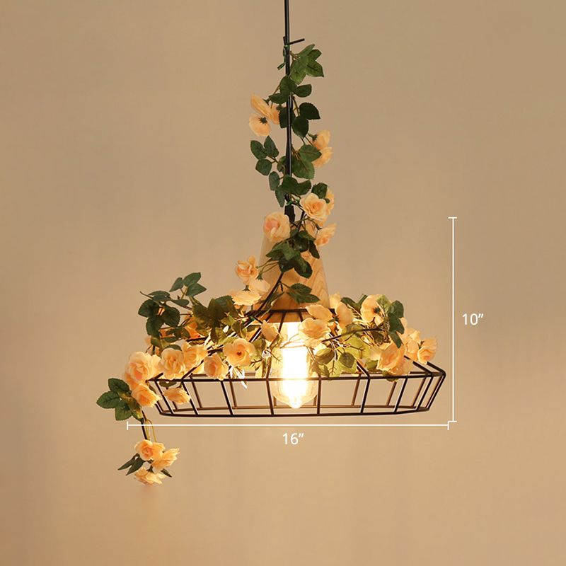 Vintage Caged Hanging Lamp 1-Light Iron Lighting Pendant with Artificial Rose in Orange Pink