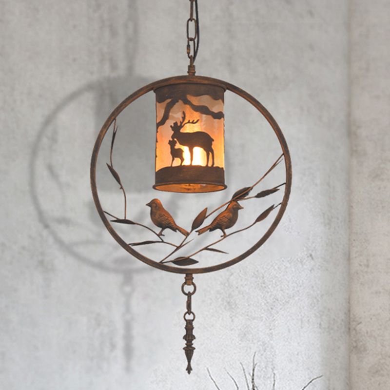 Rust Cylinder Wall Lighting Vintage Style Metal 1 Light Dining Room Sconce Lamp with Fabric and Bird