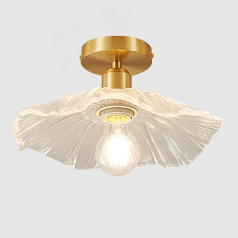 Flower Shape Glass Flush Light Modern Style 1 Light Flush Mount Fixture in Brass