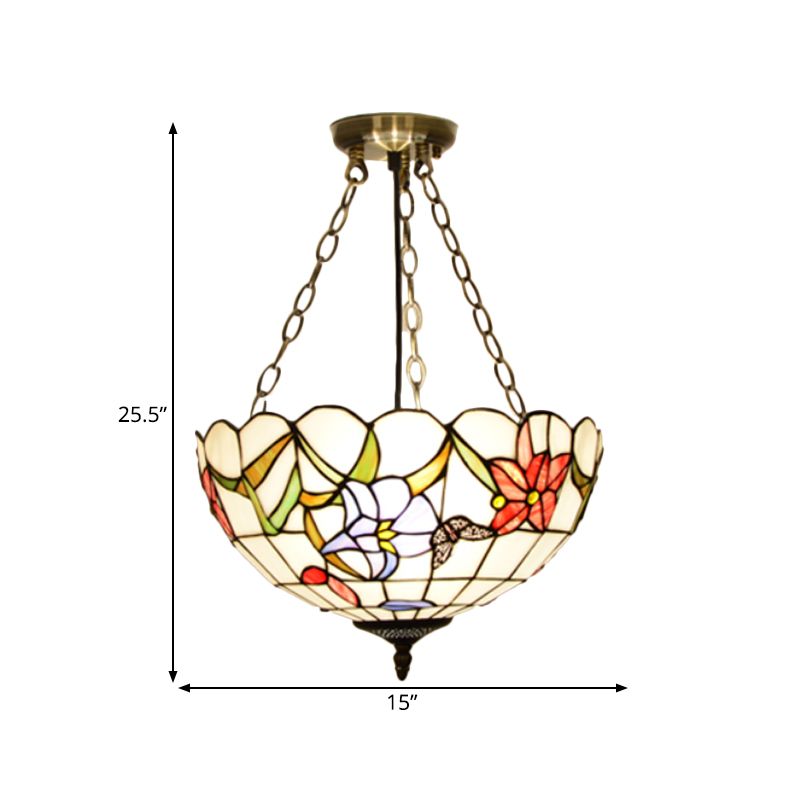 Dome White/Red/Blue Stained Glass Semi Flush Mount Mediterranean 3 Lights Brass Ceiling Lamp for Living Room