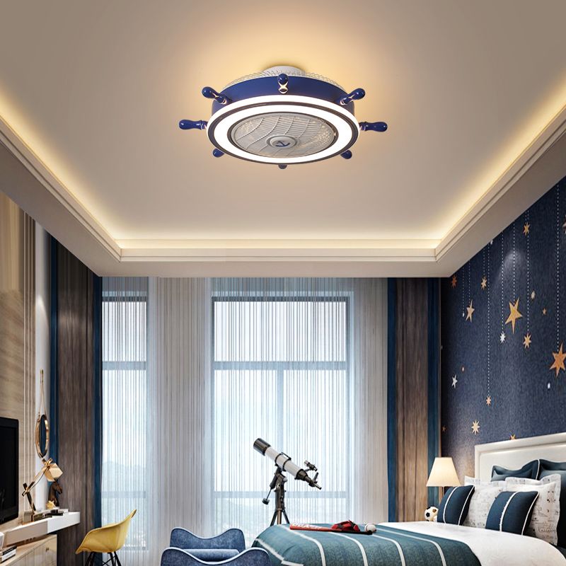 Lampada della ventola del timone blu navy Childrens Metal Remote Control LED Luce soffitto semifulò con 7 lame, 23,5 "W