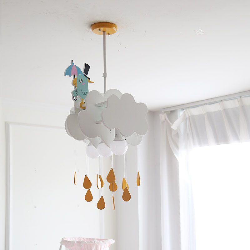 1 Head Bedroom Hanging Ceiling Light Kids White Pendant Light with Cloud and Birds Wood Shade