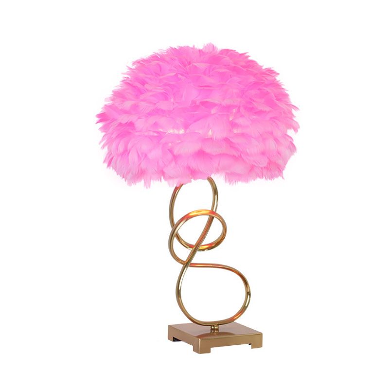 Spiral Metal Table Lighting Modern 1 Head Gold Reading Lamp with Pink Feather Fabric Shade