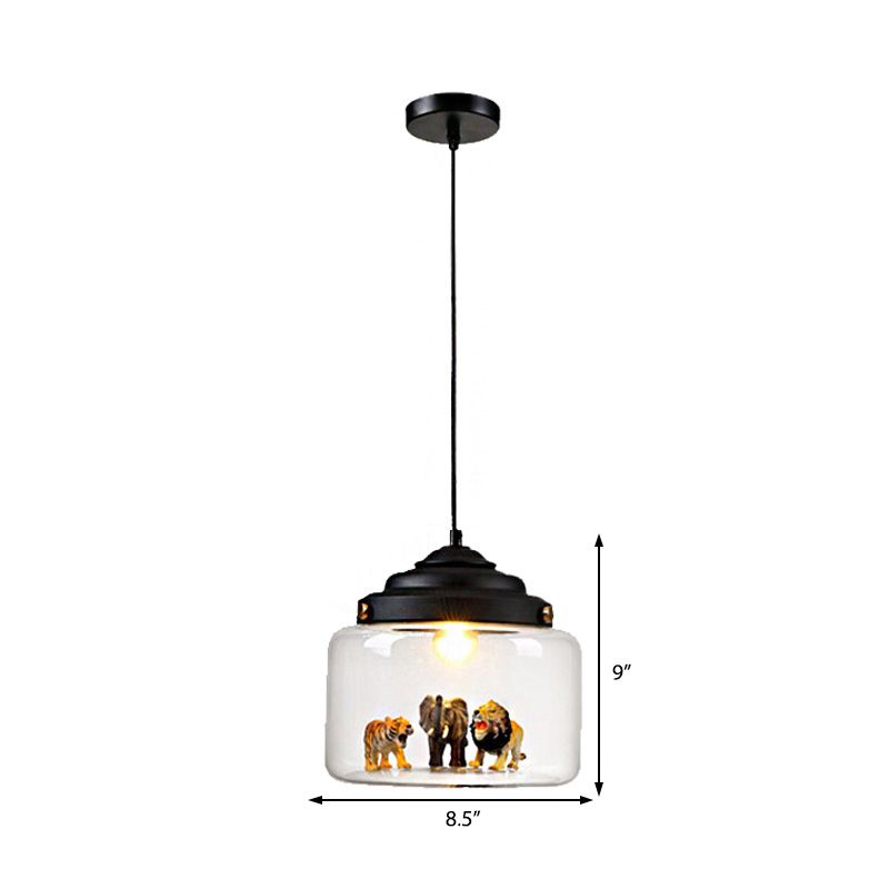 1 Light Dining Room Hanging Fixture Modernist Black Finish Pendant Lighting with Drum Clear Glass Shade