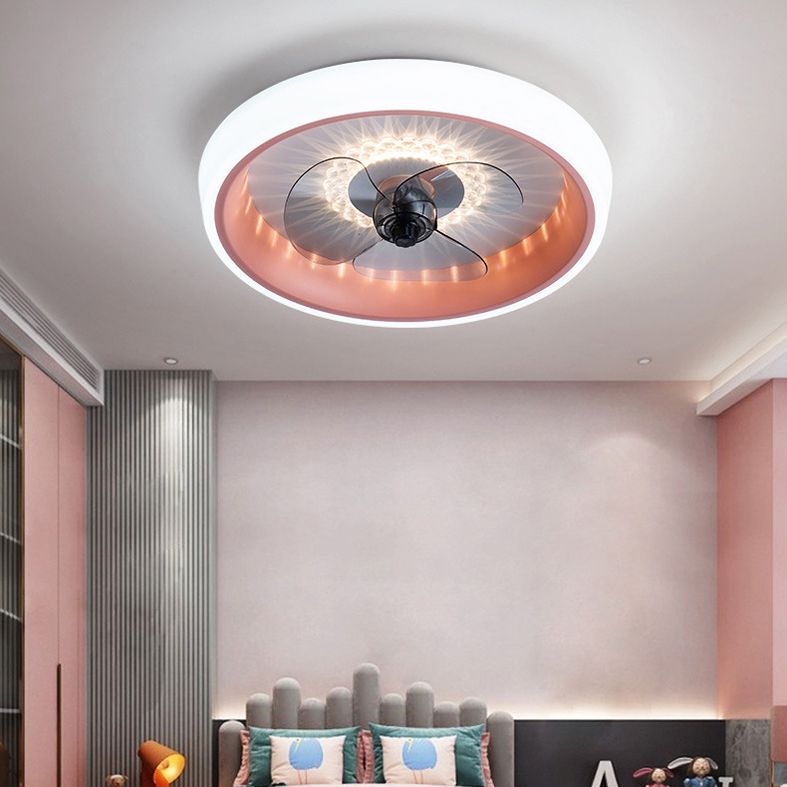 Remote Control Macaron Style Round Fan Lighting Acrylic Bedroom LED Semi Flush Ceiling Light