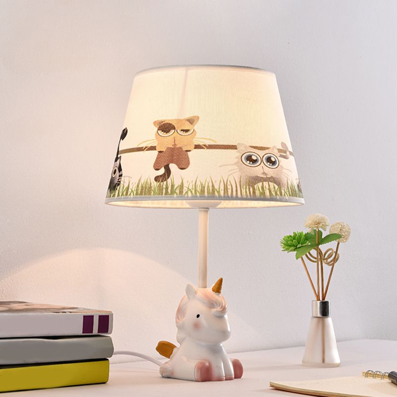 Fabric Cone Reading Lamp Cartoon 1 Light White/Pink/Blue Table Light with Rainbow Unicorn Base