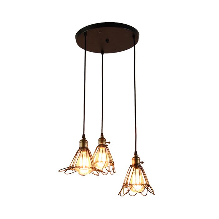 Wire Frame Metal Pendant Light Vintage Industrial 3 Bulbs Farmhouse Hanging Lamp with Petal Design in Black