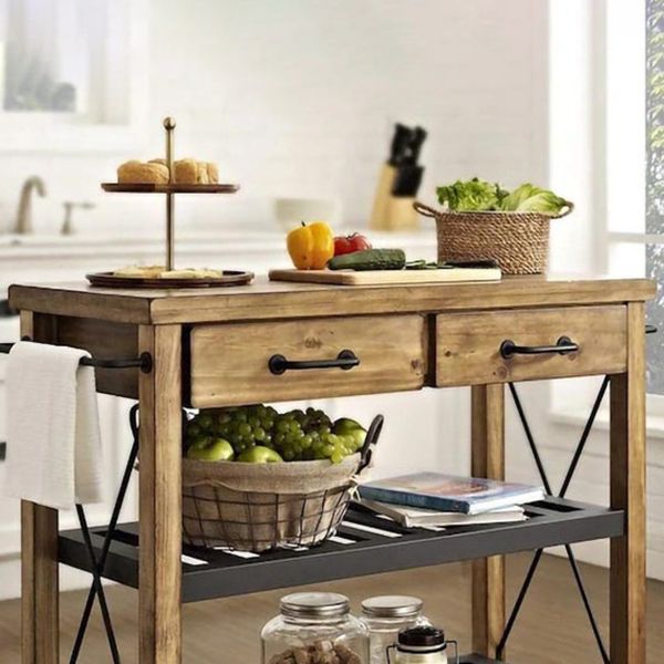 Traditional Rolling Kitchen Cart Wood Rectangular Kitchen Cart for Home Use