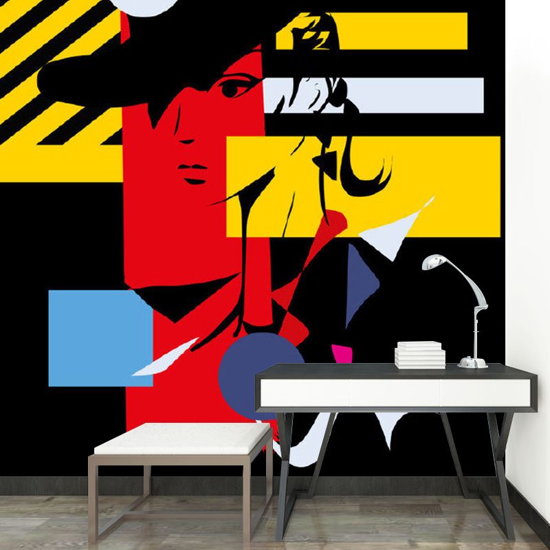 Art Deco Girls Wall Paper Murals with Woman Wearing Top Hat Painting, Black-Red-Yellow