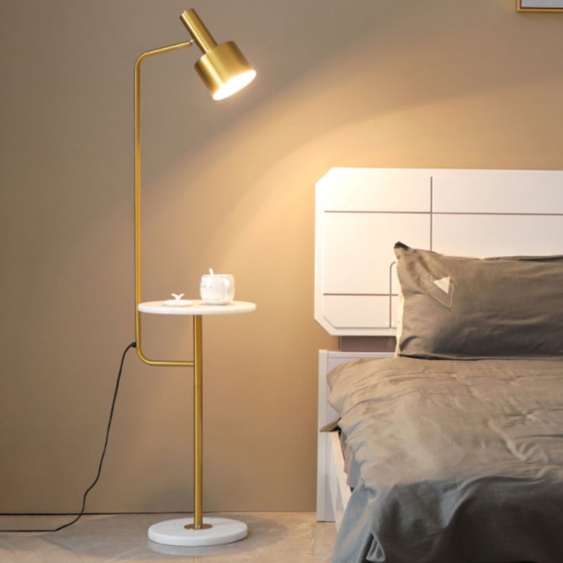 Metallic Flashlight Shaped Stand Up Lamp Post-Modern Single Bedside Floor Lighting with Tray and Marble Base