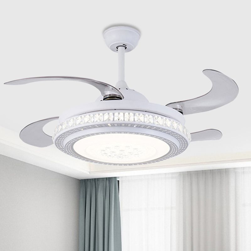 42" W Circular Metal Hanging Fan Lamp Contemporary LED Bedroom Semi Flush Mount Light in White with 4 Blades, Remote Control/Frequency Conversion and Remote Control