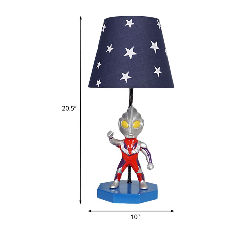 Blue Barrel/Trapezoid Table Lamp Kids 1 Head Fabric Nightstand Lighting with Ultraman Decoration