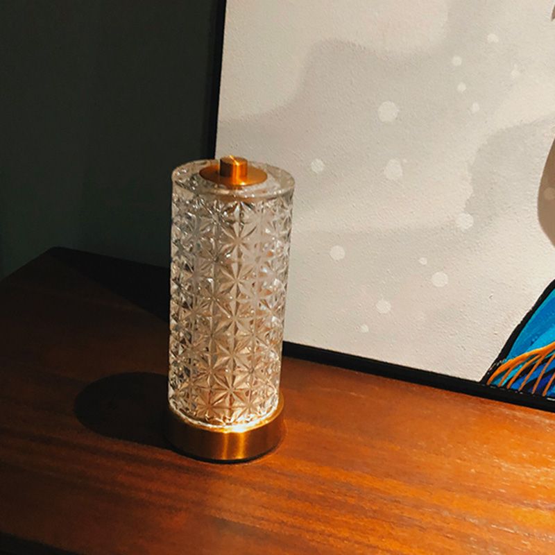 Crystal Glass Cylindrical Night Lamp Minimalist Gold LED Table Light for Living Room