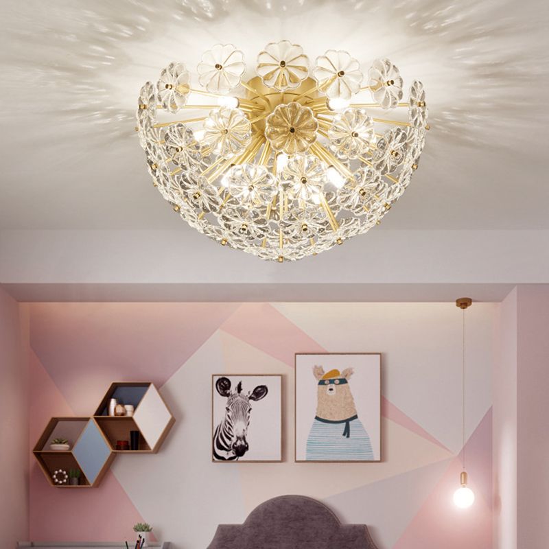 Modern Style Sputnik Flush Mount Crystal Ceiling Light in Gold for Bedroom