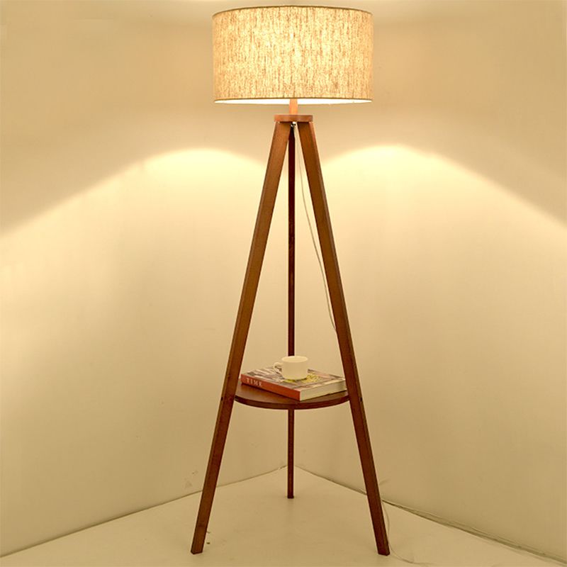 Tri-Leg Sitting Room Floor Lighting Wood 1 Head Modern Floor Lamp with Drum Fabric Shade in Beige/Brown