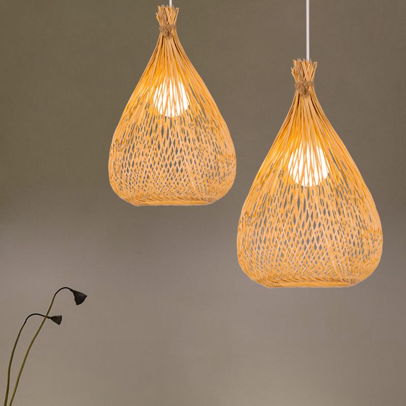 Asian 1 Bulb Ceiling Light Wood Teardrop Pendant Light Fixture with Bamboo Shade