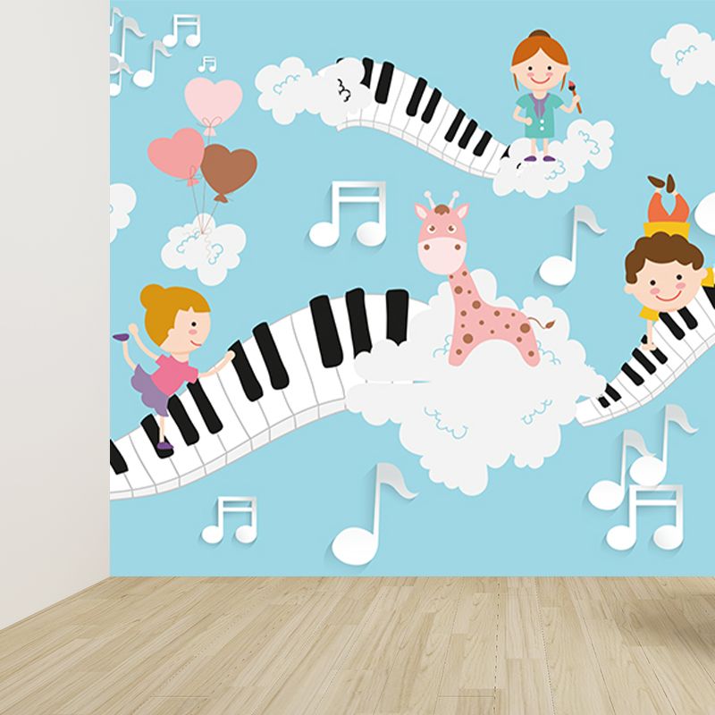 Sky Musical Performance Mural Wallpaper Blue Cartoon Wall Covering for Accent Wall