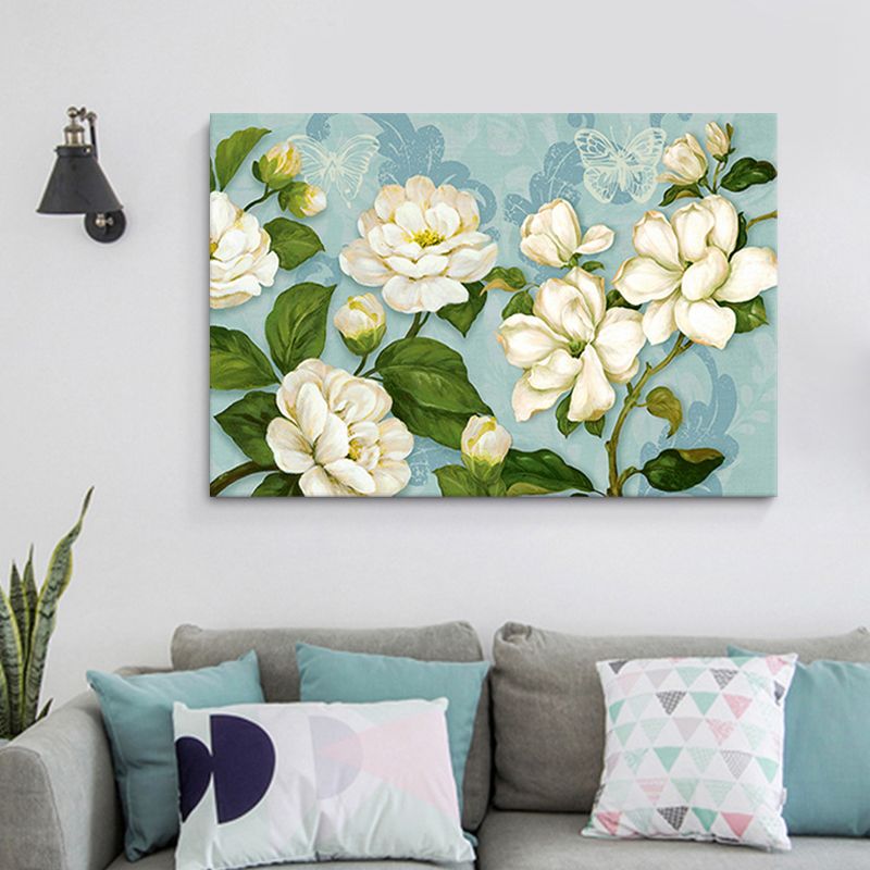 Big Blooming Magnolia Painting Canvas Art for Bedroom, Blue and White, Textured Surface