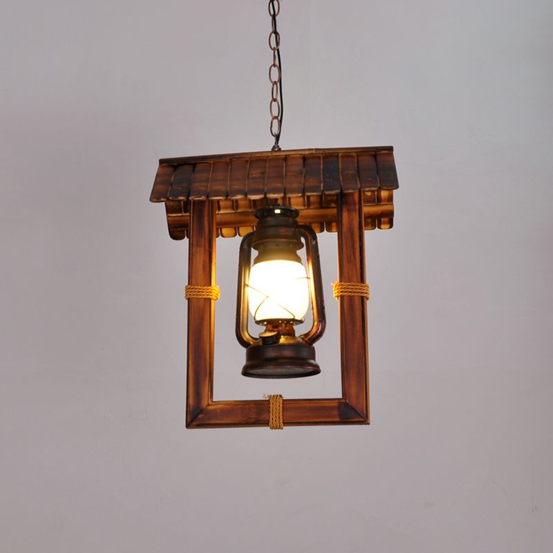 1-Light Industrial Nautical Style Hanging Light Dark Wood Grain Vintage Kerosene Lamp Shaped Lighting Pendant