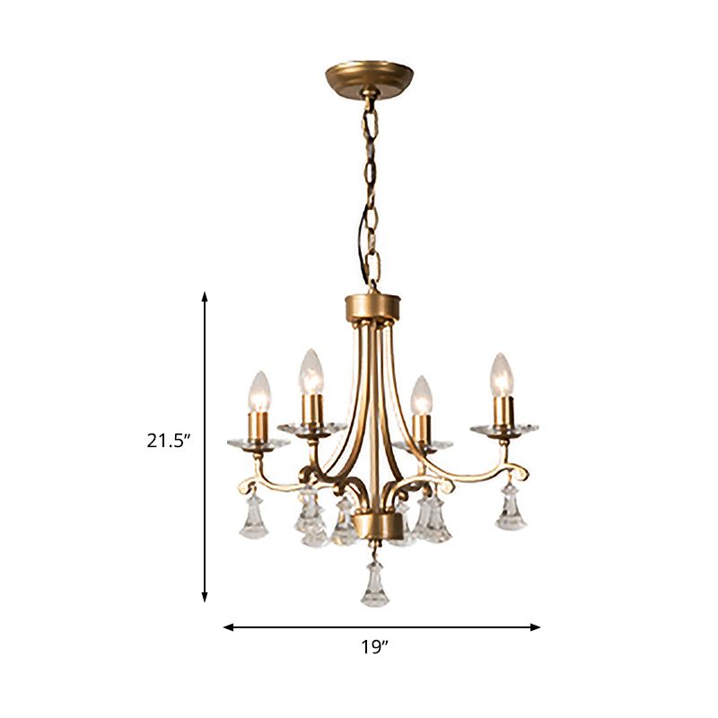 Brass Starburst Hanging Chandelier Modernism 4 Bulbs Metal Ceiling Pendant Light with Clear Crystal Drop