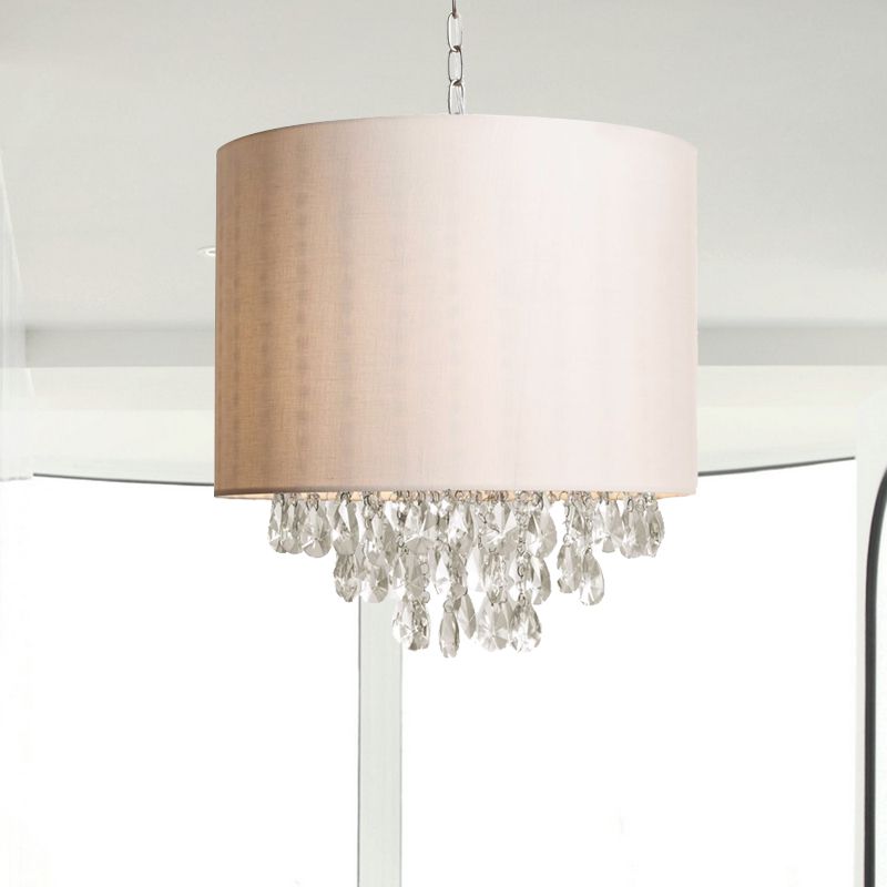 Cylinder Fabric Pendant Chandelier Modernism 3/4 Heads Beige Hanging Light with Clear Crystal Drop