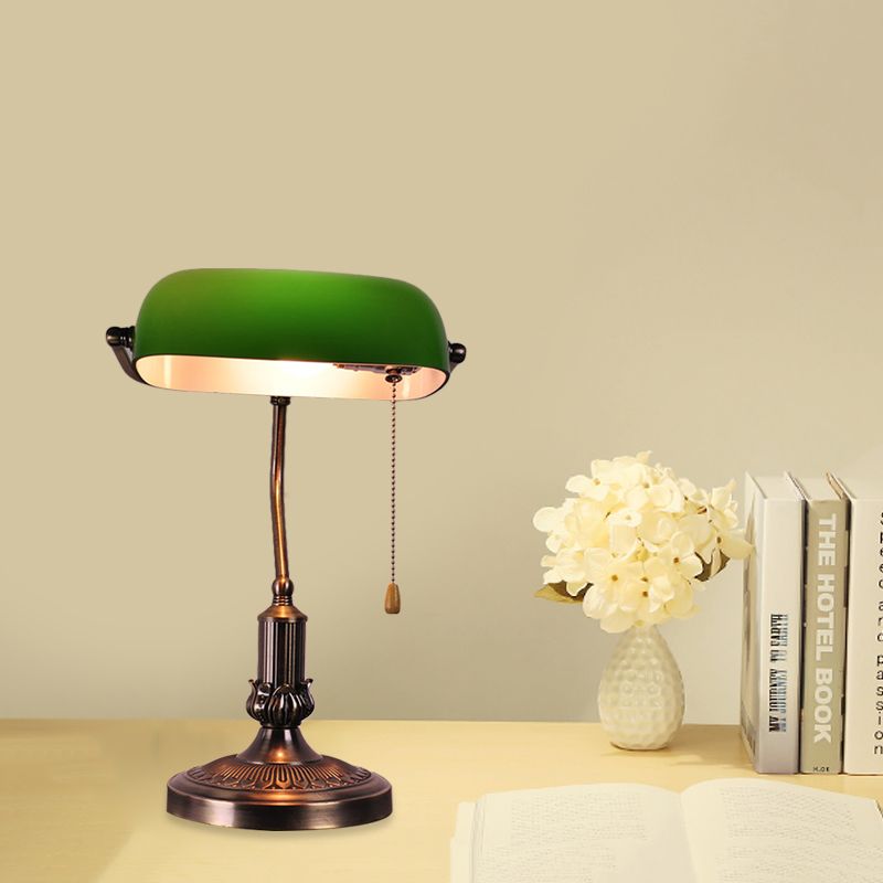 1 Head Green Glass Night Lamp Vintage Antiqued Brass Bending Bedside Table Light with Pull Chain