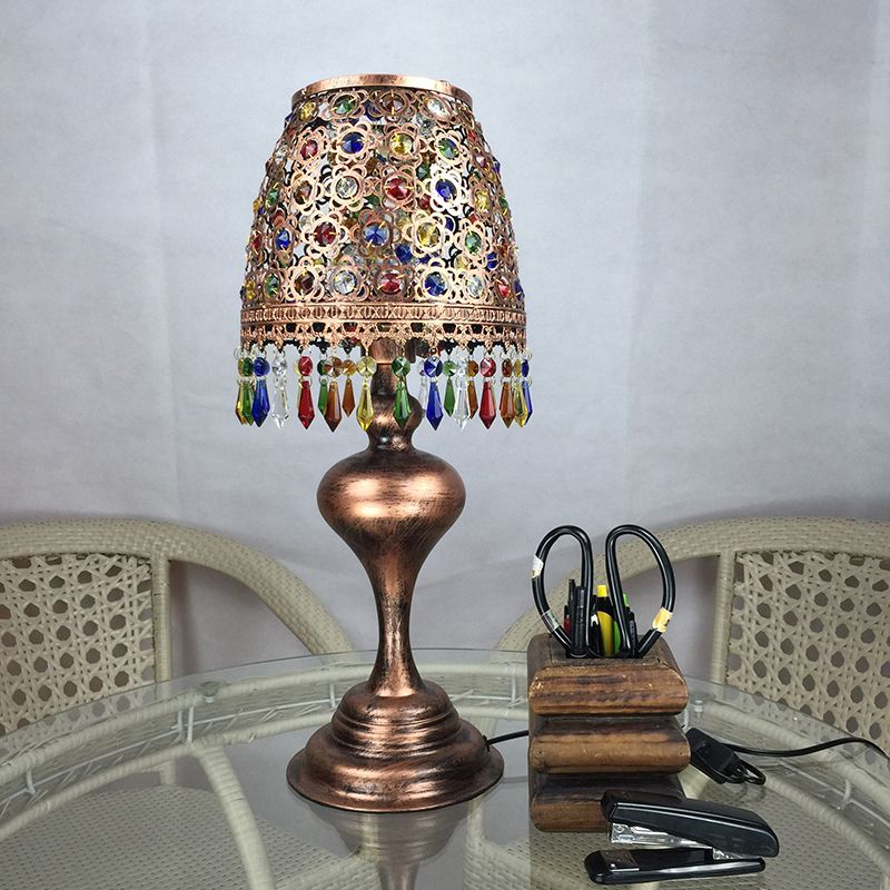 Bohemian Barrel Nightstand Lighting 1 Bulb Metal Night Table Lamp in Brass for Restaurant