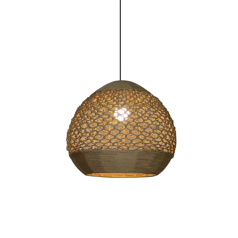 Lumo a soffitto a sospensione Globe Light Asia Style Rope 1 Testa Dining Room Lampada a sospensione con design a vuoto in lino