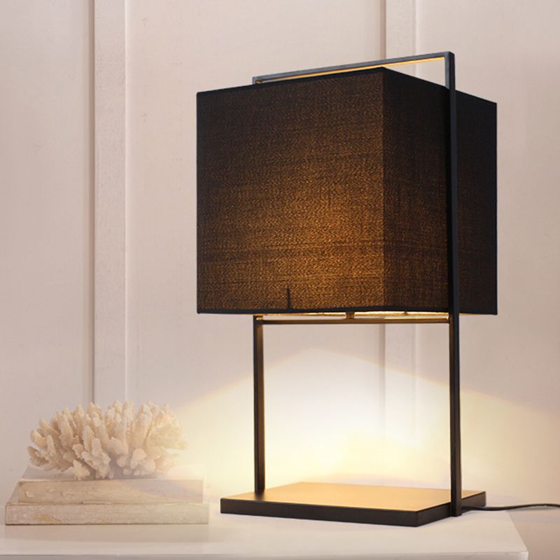 Modern Cube Nightstand Light Fabric 1 Bulb Living Room Table Lamp with Rectangle Stand in Black