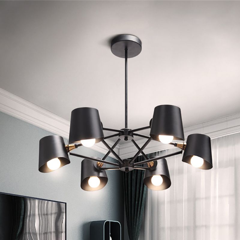 Bucket Shade Study Room Chandelier Metal 6 Lights Modern Pendant Light in Black