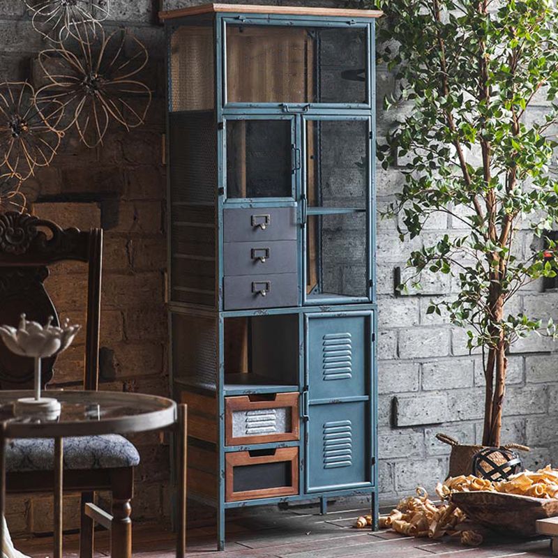 Glass Paned Industrial Cabinet Distressed Metal Accent Cabinet