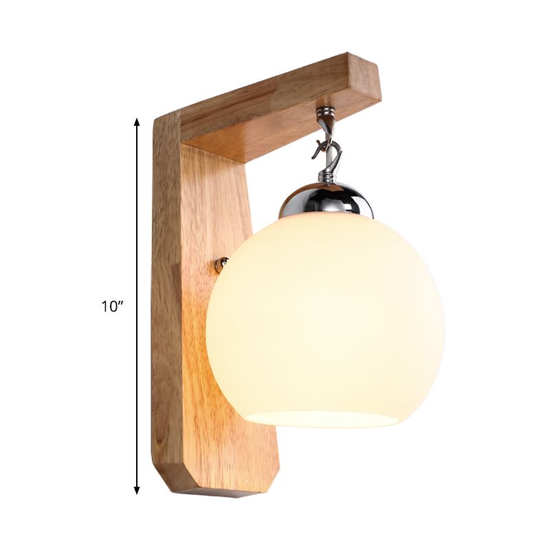 Wood Armed Sconce Light Asian 1 Head Beige Wall Lighting Fixture with Round White Glass Shade