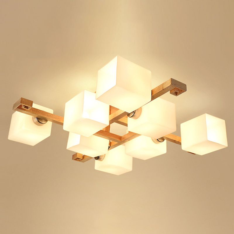 Bloque de vidrio blanco Candelier de estilo nórdico Mada de madera Semi Flush Light para sala de estar