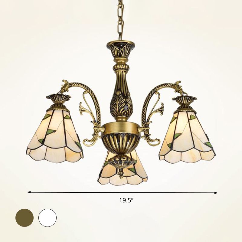 Stained Glass Conical Chandelier Light Fixture Mediterranean 3/5/11 Lights White/Antique Brass Ceiling Pendant