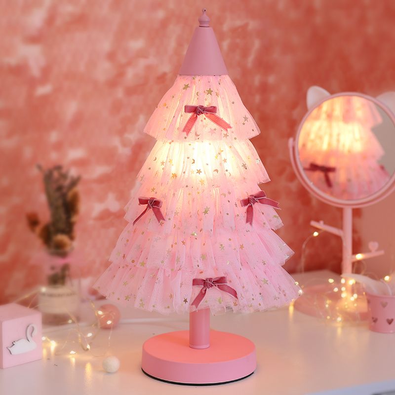 Pink Christmas Tree Table Lighting Kids 1 Bulb Fabric Nightstand Light with Round Base for Girl's Bedroom