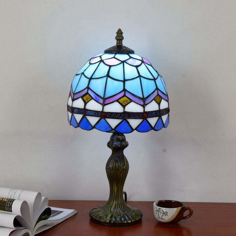 Dome Table Light Single-Bulb Stained Art Glass Tiffany Style Nightstand Lamp for Bedroom